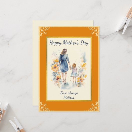 水の色の母と娘の母の日フラット カード (正面/裏面インサイチュ)