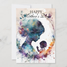 水の色の母と子供のシルエットアート カード