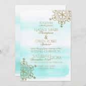 水の色の氷と金ゴールド雪の結晶の冬の結婚式 招待状 (正面/裏面)