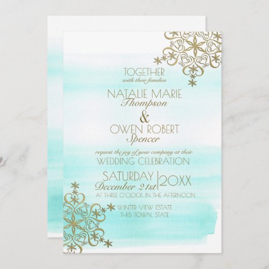 水の色の氷と金ゴールド雪の結晶の冬の結婚式 招待状 (正面/裏面)