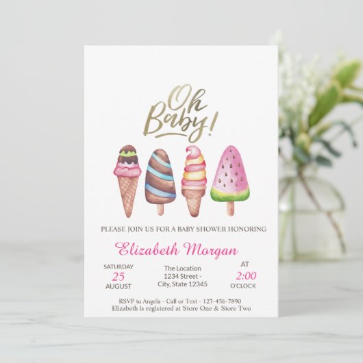 水の色の氷のクリームああベビー夏の赤ちゃんシャワー 招待状 (スタンド正面)