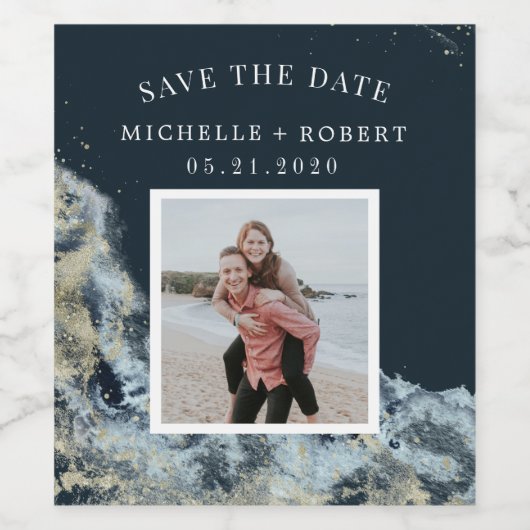 水の色の波の沿岸の日付の写真のワインを保存 ワインラベル (シングルラベル)