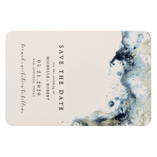 水の色の波の金ゴールド結婚式は、日付の磁石を保存 マグネット (横)