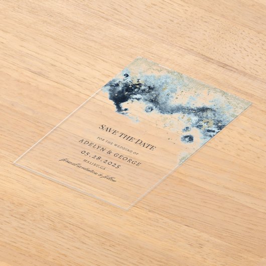 水の色の波ミニマル日付の保存 アクリル招待状 (レイダウン)