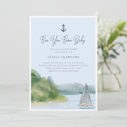 水の色の海あなた近くベビー赤ちゃんシャワー 招待状 (スタンド正面)