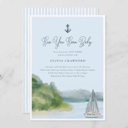 水の色の海あなた近くベビー赤ちゃんシャワー 招待状 (正面/裏面)