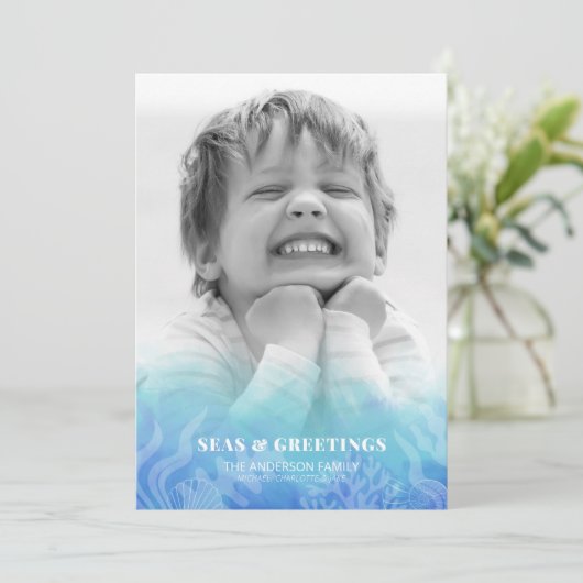 水の色の海とグリーティングフォトホリデーカード (スタンド正面)