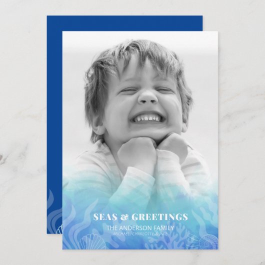 水の色の海とグリーティングフォトホリデーカード (正面/裏面)