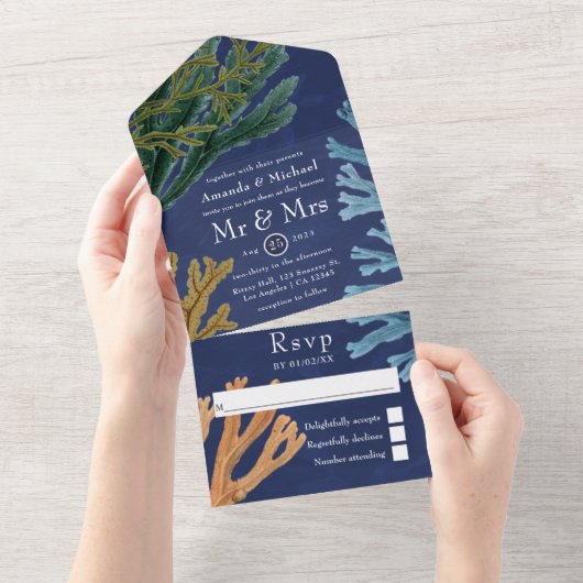 水の色の海結婚ライフは1つの投資で オールインワン招待状 (貼ってはがせる)