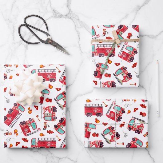 水の色の消防車の子供たち消防士トラック ラッピングペーパーシート (正面)