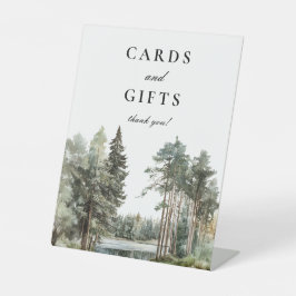 水の色の湖の森のウッドランドカードとギフト 台座サイン