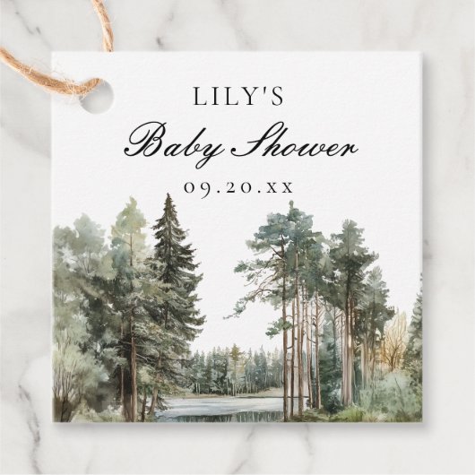 水の色の湖の森の素朴森の森の赤ちゃんシャワー フェイバータグ (正面)