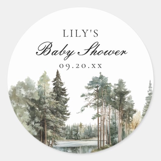 水の色の湖の森の素朴森の森の赤ちゃんシャワー ラウンドシール (正面)