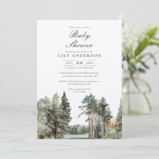 水の色の湖の森の素朴森の森の赤ちゃんシャワー 招待状 (スタンド正面)