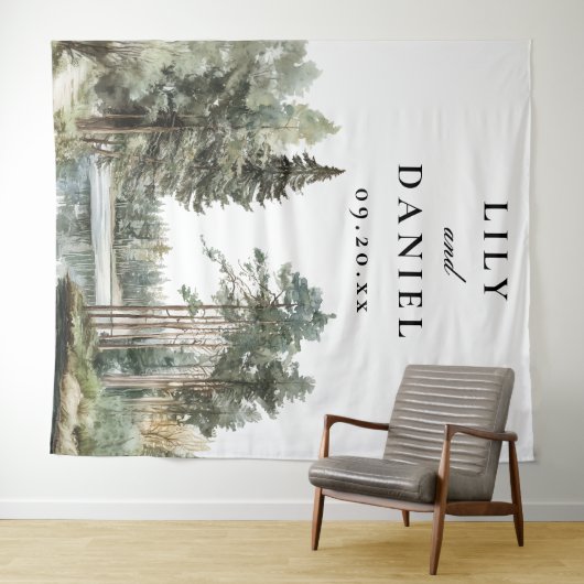 水の色の湖の森の結婚写真の背景 タペストリー (インサイチュ(横))