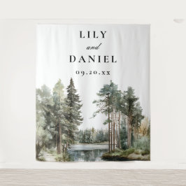 水の色の湖の森の結婚写真の背景 タペストリー