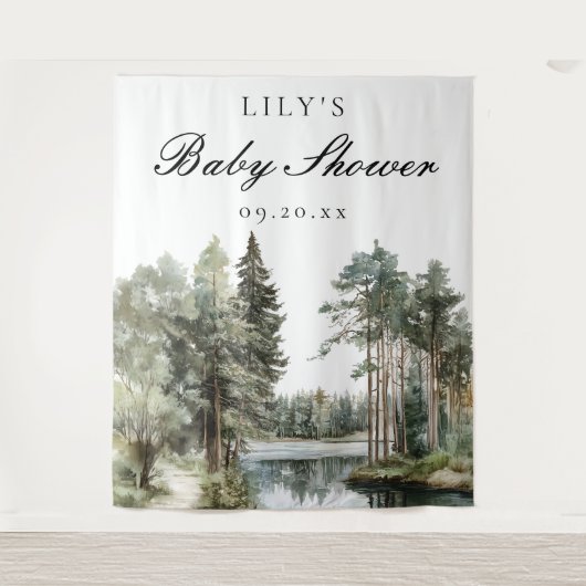水の色の湖の森の赤ちゃんシャワー写真の背景 タペストリー (正面)