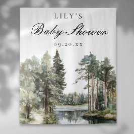 水の色の湖の森の赤ちゃんシャワー写真の背景 タペストリー