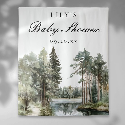 水の色の湖の森の赤ちゃんシャワー写真の背景 タペストリー
