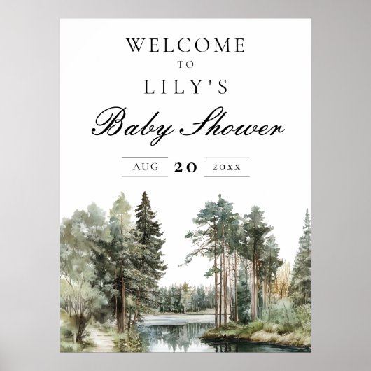 水の色の湖の森の赤ちゃんシャワー歓迎サイン ポスター (正面)