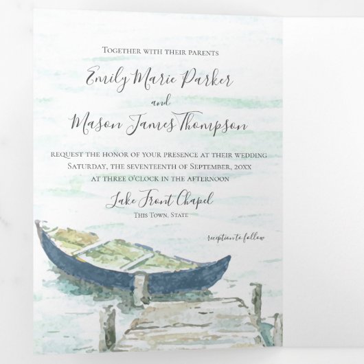 水の色の湖ブルーカヌー結婚のオールインワンインベイ 三つ折りカード (内部最初)