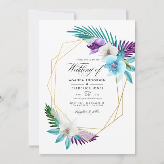 水の色の熱帯の蘭の幾何学的な結婚インビ 招待状 (正面)