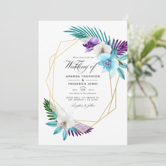 水の色の熱帯の蘭の幾何学的な結婚インビ 招待状 (スタンド正面)