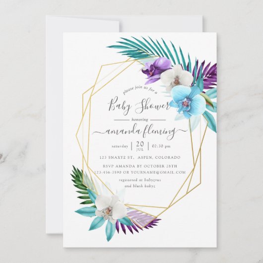 水の色の熱帯の蘭の幾何学的な赤ちゃんシャワー 招待状 (正面)