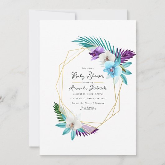 水の色の熱帯の蘭の幾何学的な赤ちゃんシャワー 招待状 (正面)