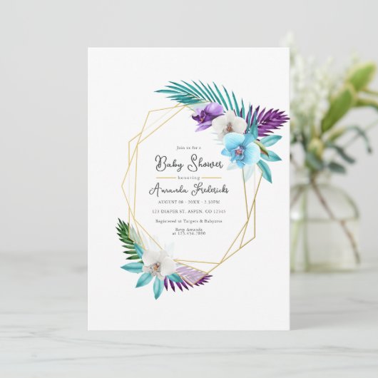 水の色の熱帯の蘭の幾何学的な赤ちゃんシャワー 招待状 (スタンド正面)