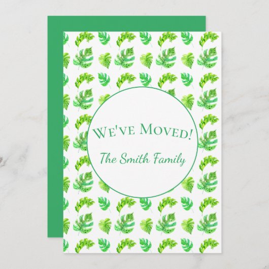 水の色の熱帯モンステラ葉の新しい住所 案内状 (正面/裏面)