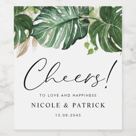 水の色の熱帯モンステラ離れの夏の結婚もの ワインラベル (シングルラベル)