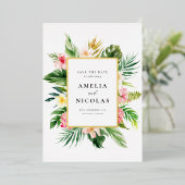 水の色の熱帯植物体のフレーム日付を保存 箔招待状 (立ち正面)