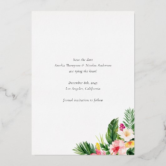 水の色の熱帯植物体のフレーム日付を保存 箔招待状 (裏面)