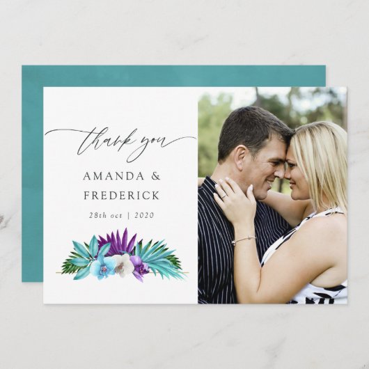水の色の熱帯蘭のジオメトリック結婚ス サンキューカード (正面/裏面)