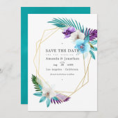 水の色の熱帯蘭のジオメトリック結婚ス セーブザデート (正面/裏面)