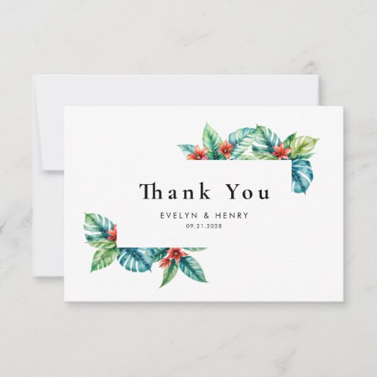 水の色の熱帯離れの緑の夏結婚の サンキューカード (正面)