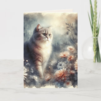 水の色の猫とフローラ – マザーズデイカード サンキューカード