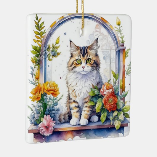 水の色の猫のフローラウィンドウパーソナライズされた セラミックオーナメント (右)