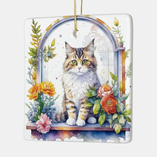 水の色の猫のフローラウィンドウパーソナライズされた セラミックオーナメント (左)