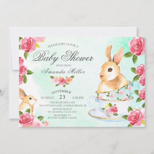 水の色の甘いバニーベビーシャワーティーパーティー 招待状 (正面)