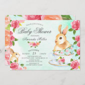 水の色の甘いバニーベビーシャワーティーパーティー 招待状 (正面/裏面)