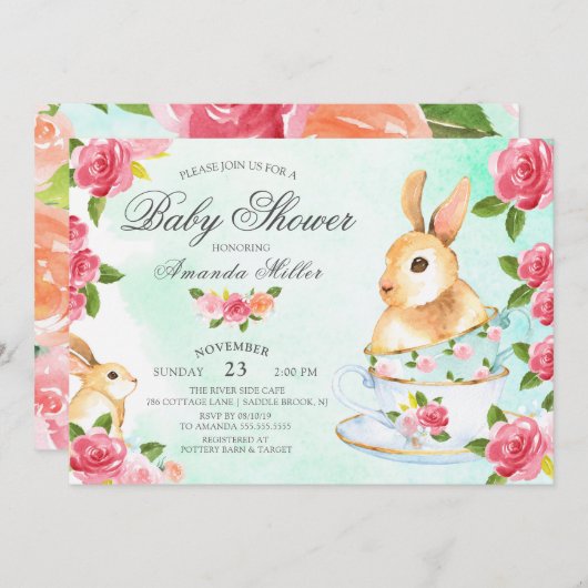 水の色の甘いバニーベビーシャワーティーパーティー 招待状 (正面/裏面)