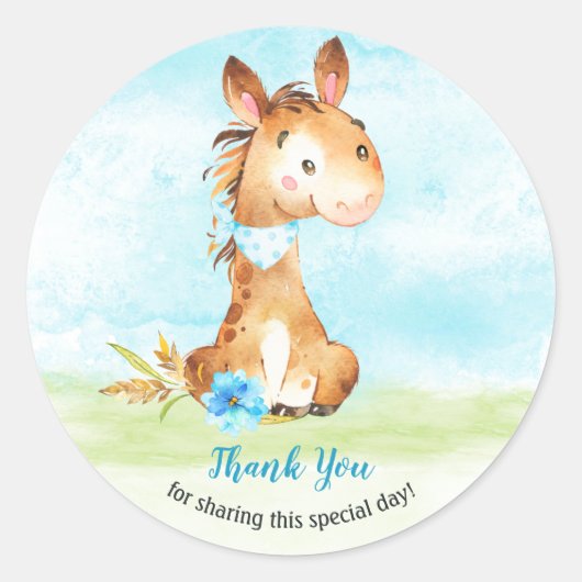 水の色の男の子の馬の赤ちゃんシャワー農場ありがとう ラウンドシール (正面)