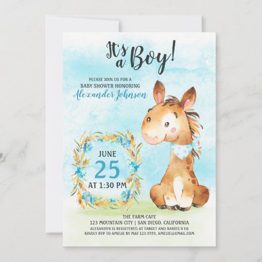 水の色の男の子の馬ベビーシャワーファーム招待状 招待状 (正面)
