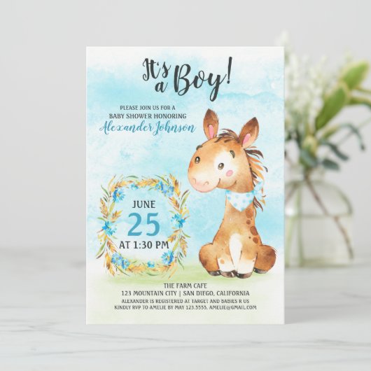水の色の男の子の馬ベビーシャワーファーム招待状 招待状 (スタンド正面)