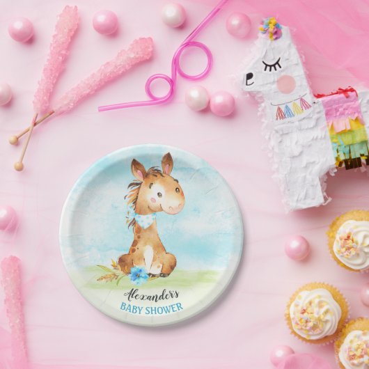 水の色の男の子の馬ベビーシャワーファーム ペーパープレート (パーティー)