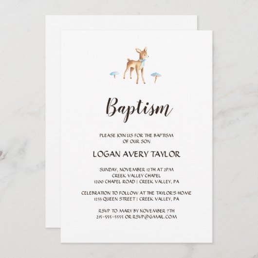 水の色の男の子の鹿の白いバプテスマ 招待状 (正面/裏面)