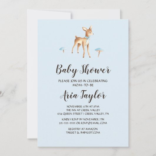 水の色の男の子の鹿キノコの赤ちゃんシャワー 招待状 (正面)