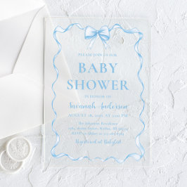 水の色の男の子リボンほこりっぽいブルーボウ赤ちゃんシャワー アクリル招待状